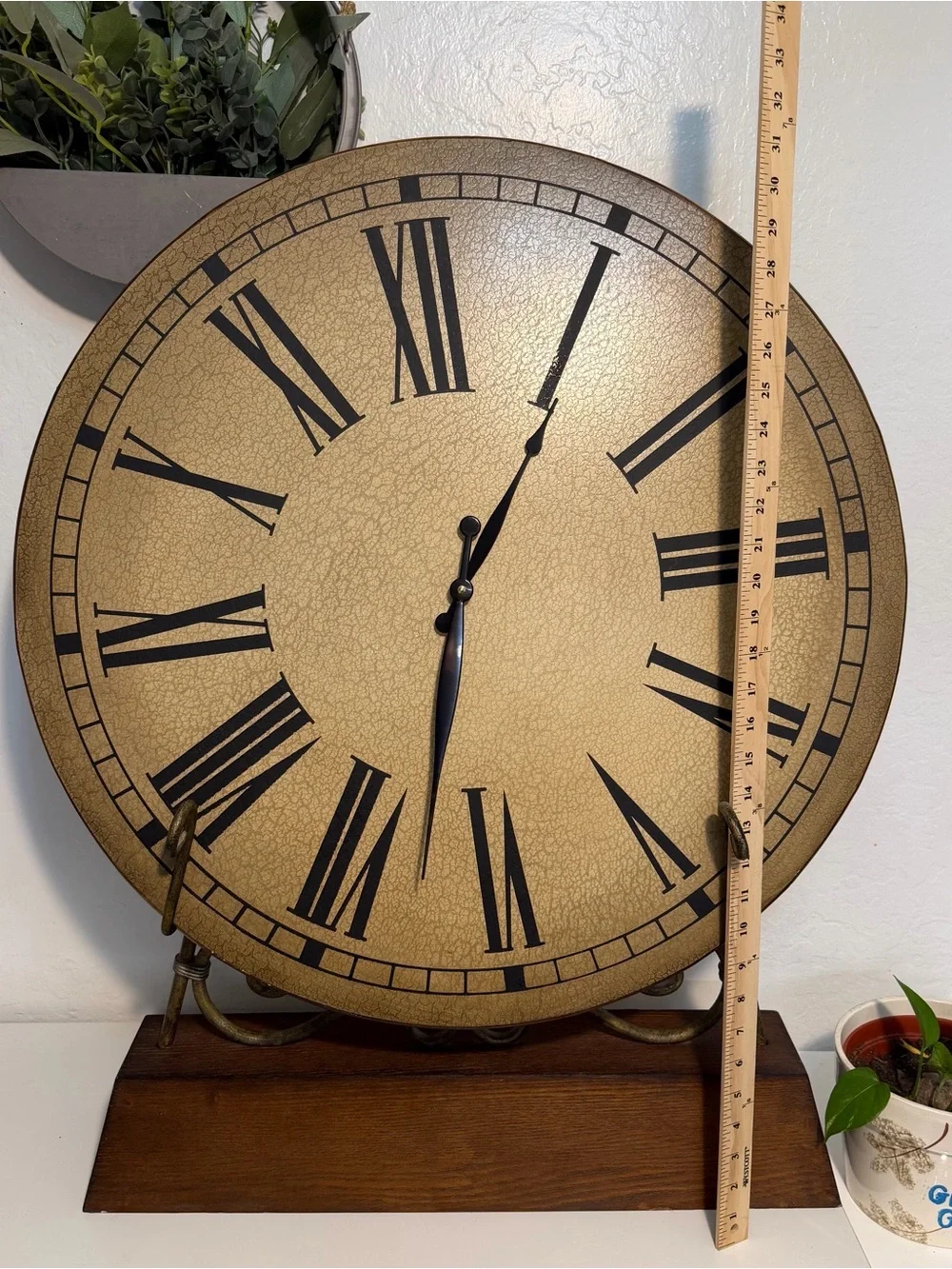 Large Roman Numeral Tabletop Clock with Wrought Iron and wood Stand 25”